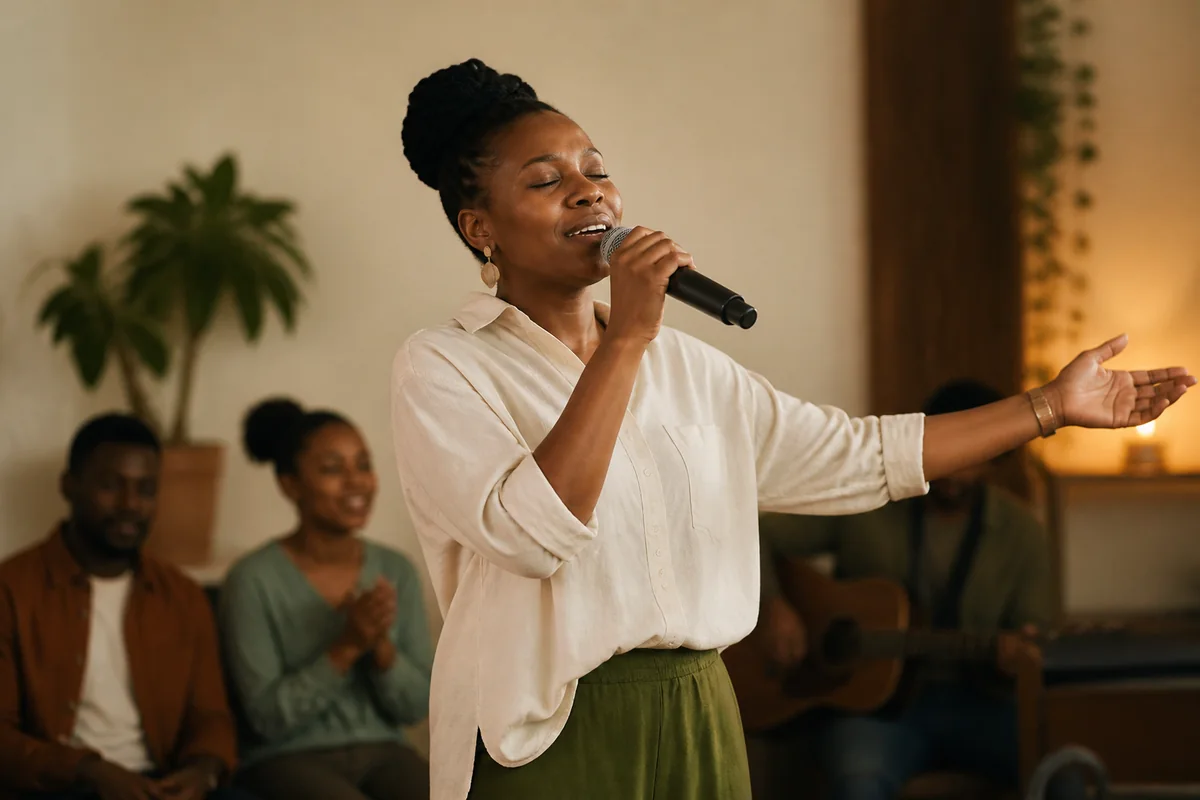 A worship leader singing with a microphone